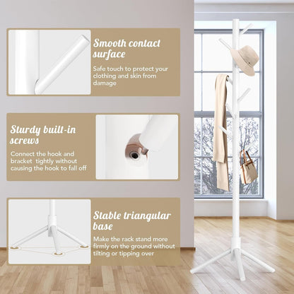 Coat Rack Freestanding with 8 Hooks,Easy Assembly New Zealand Pine Tree Coat Racks, 3 Adjustable Sizes for Clothes, Hats, Bags, for Entryway, Hallway, Bedroom, Office (White, 1 PC)