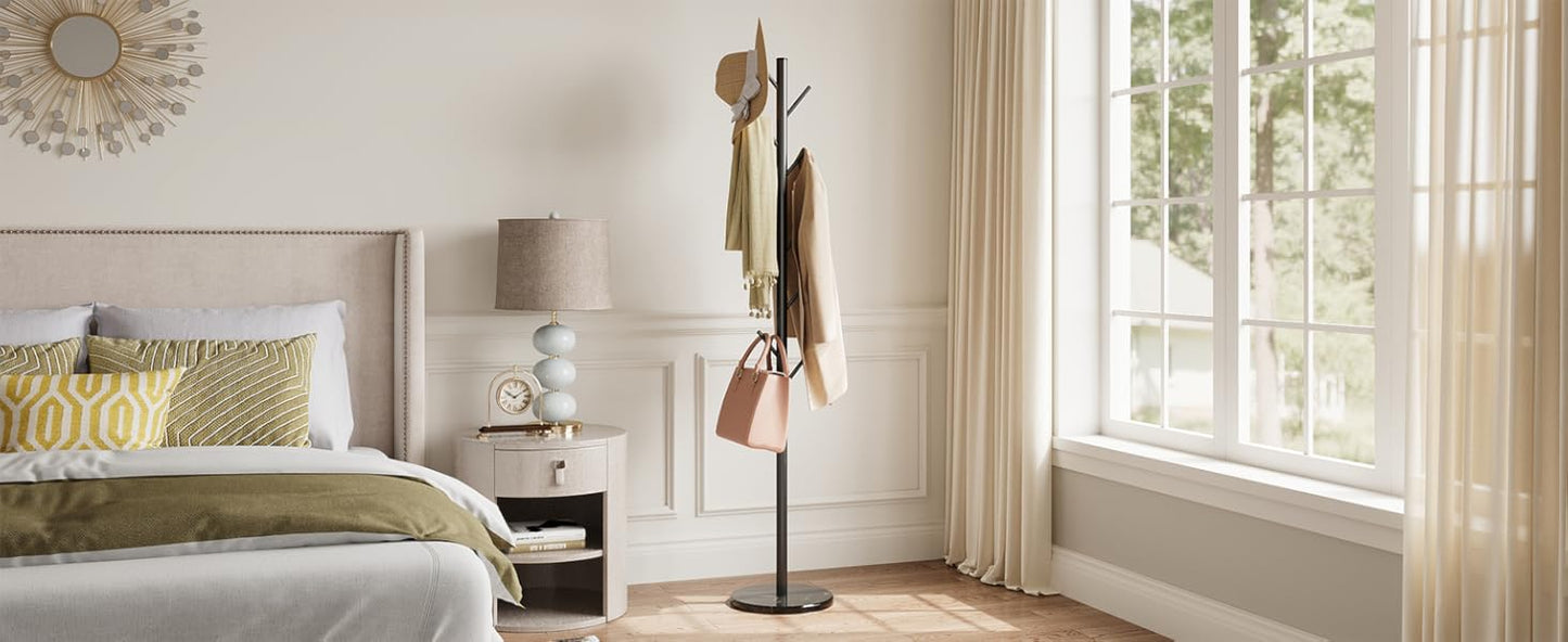 Coat Rack Freestanding with Natural Marble Base, Metal Coat Rack Stand with 10 Hooks, 3 Adjustable Size Coat Tree for Bags, Clothes, and Hats for Entryway, Bedroom, Hallway, Office, Black