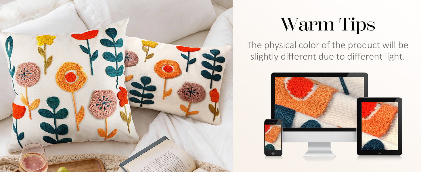 Embroidered Throw Pillow Cover 18x18 Inch - Spring Summer Boho Decorative Pillow Cover with Zipper for Living Room Couch Sofa Bed Aesthetic Design Flower Cluster Cushion Pillowcase